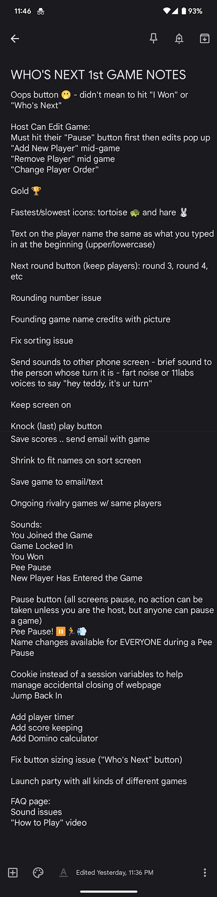 First Game Test Notes